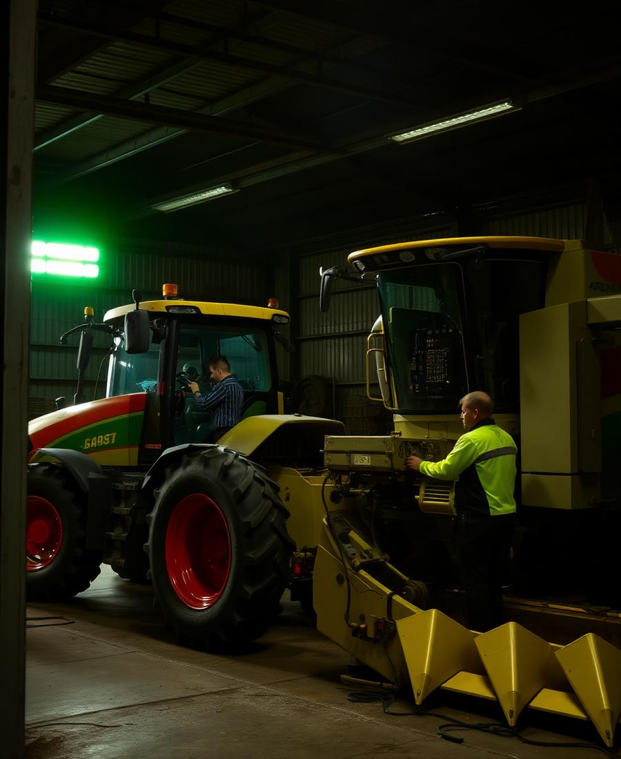 Trator e colheitadeira em manutenção elétrica agrícola